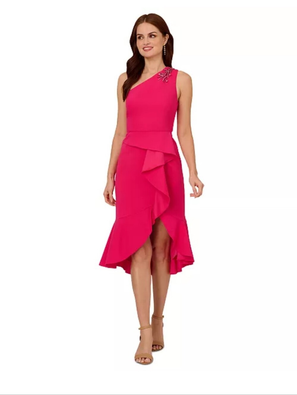 NWT Papell Studio One Shoulder Crepe Midi Dress Sz 6 Geranium Beaded Ruffle $149